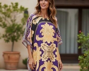 blend silk kaftan for tall women : royal print theme, flowy and soft fabric, comfort dress lounge wear & resort