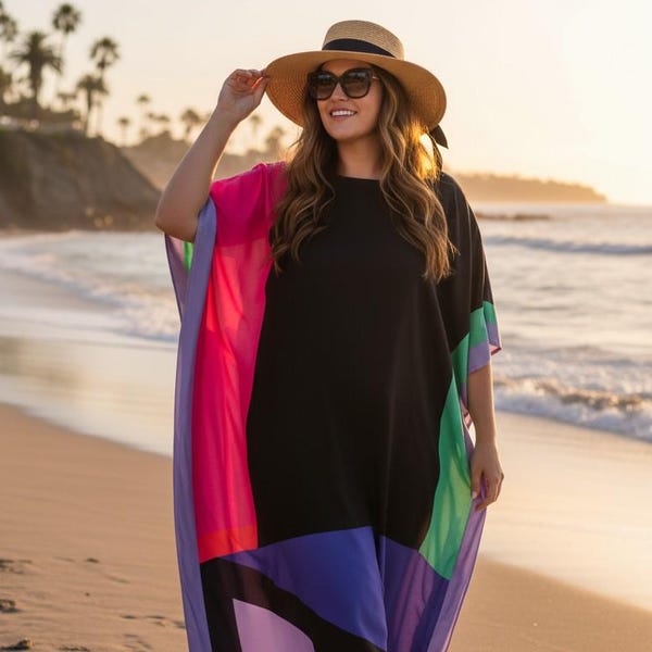 Vestido playero tipo caftán de verano, caftán negro elegante para bodas, fiestas de cruceros, para cubrirse en la piscina o para vacaciones.