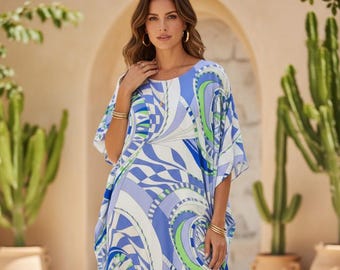 Vestido caftan azul de verão, saída de praia, resort, Miami, estilo boho chic, modelo SUSAN para cruzeiro.