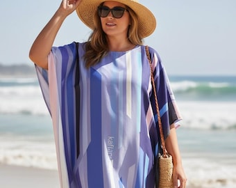Vestido caftán de seda mezclada: ropa de resort, talla grande, largo completo, hecho a medida, tema azul