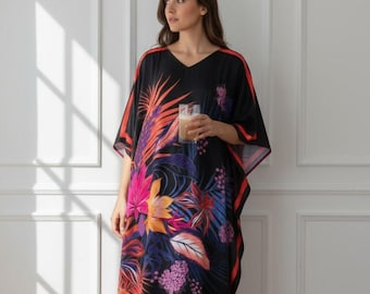 Caftan pour femmes plus petites : imprimé palmiers, robe noire longueur maxi, taille unique, sur mesure