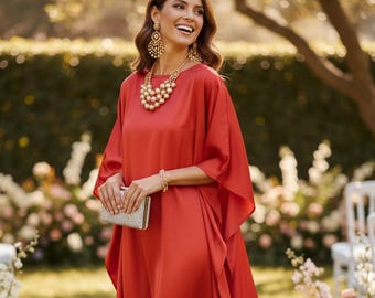 Red Silk Kaftan Maxi Dress: Boho Resort Loungewear