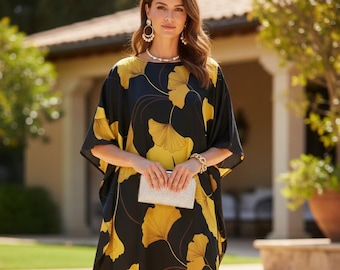 Gold kaftan ginkgo print, Soft resort wear holiday dress lounge wear, Beach wedding dress gift for her One size fit all kaftan luxury