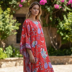 Red Floral Silk Kaftan Dress: Plus Size Maxi Gown