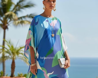 Personalized Silk Blend Kaftan: Blue Abstract Art, Cruise Resort Wear