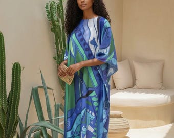 Blue kaftan beach cover up plus size : full length custom made, silk blend