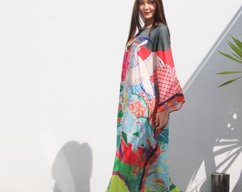 Kimono Crane Print Silk Blend Kaftan Dress: Resort Beach Wear Kimono Crane Print Silk Blend Kaftan Dress: Resort Beach Wear