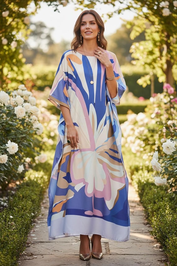 Flowy Kaftan Summer Comfort Wear, Classy Cruise Caftan Silk Blend, Wedding Dressing Gown Vintage Theme