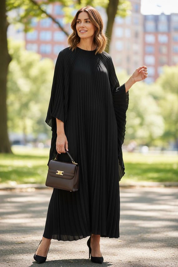 pleated black maxi dress Black Pleated Satin Dolman Sleeve Maxi Dress main image 0