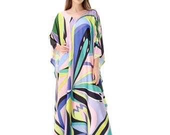 Sukienka kaftan z mieszanki jedwabiu Vivid: abstrakcyjna sztuka, odzież plażowa w dużych rozmiarach