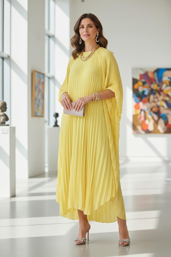 yellow dress for christmas party Kaftan : Gift Her, One Size Fit All, Pleated Fabric, Minimalist pale yellow dress