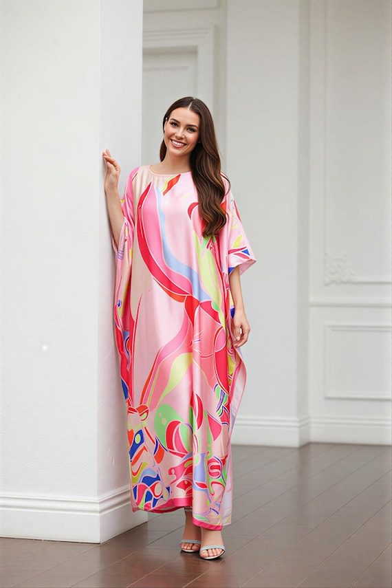 Pink caftan summer, resort kaftan dressing gown, lotus kaftan abstract print, vacation cruise dress
