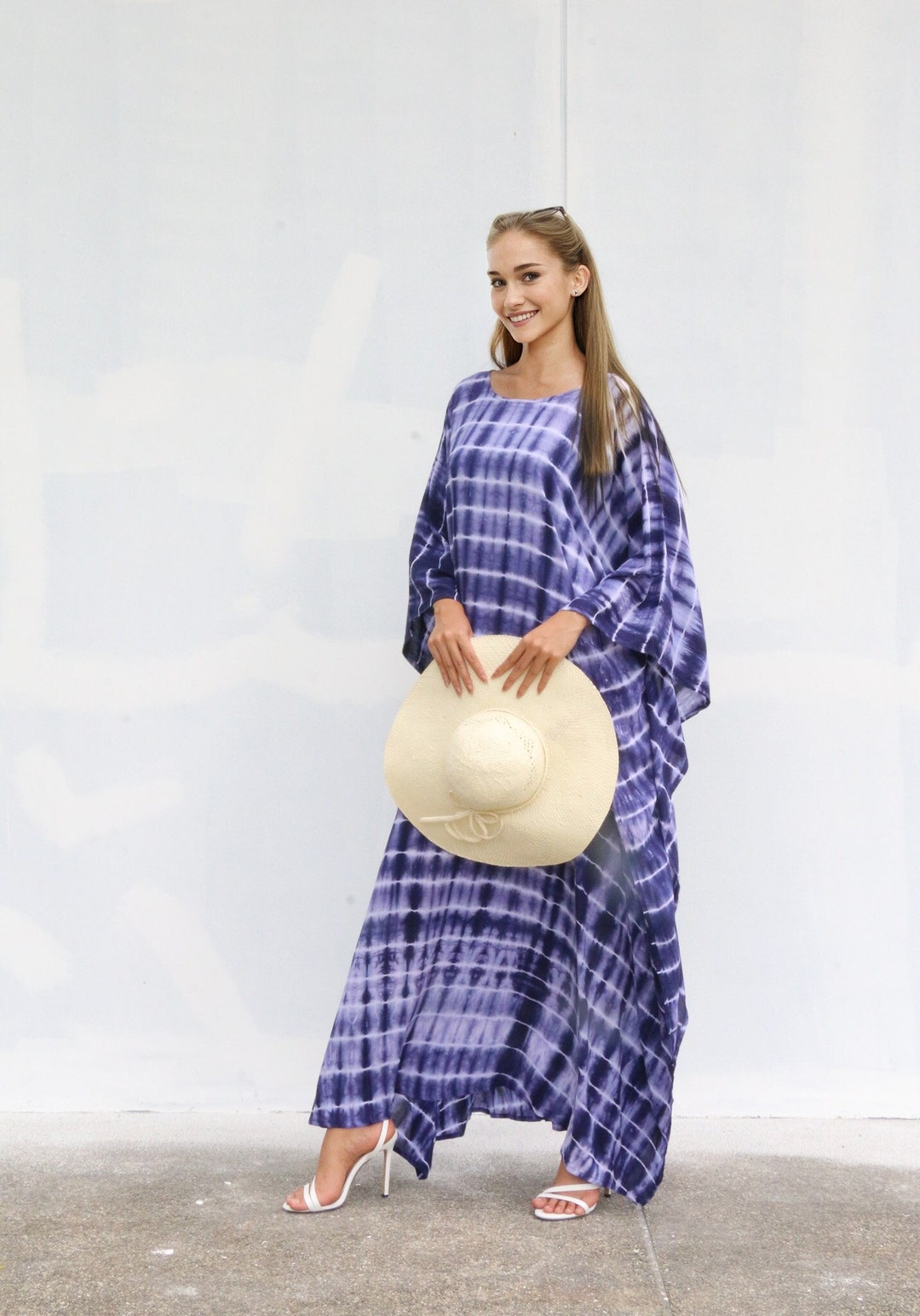 Blue - Pochampally Ikat Weave Cotton Kaftan with Tie-Up Waist (Short)