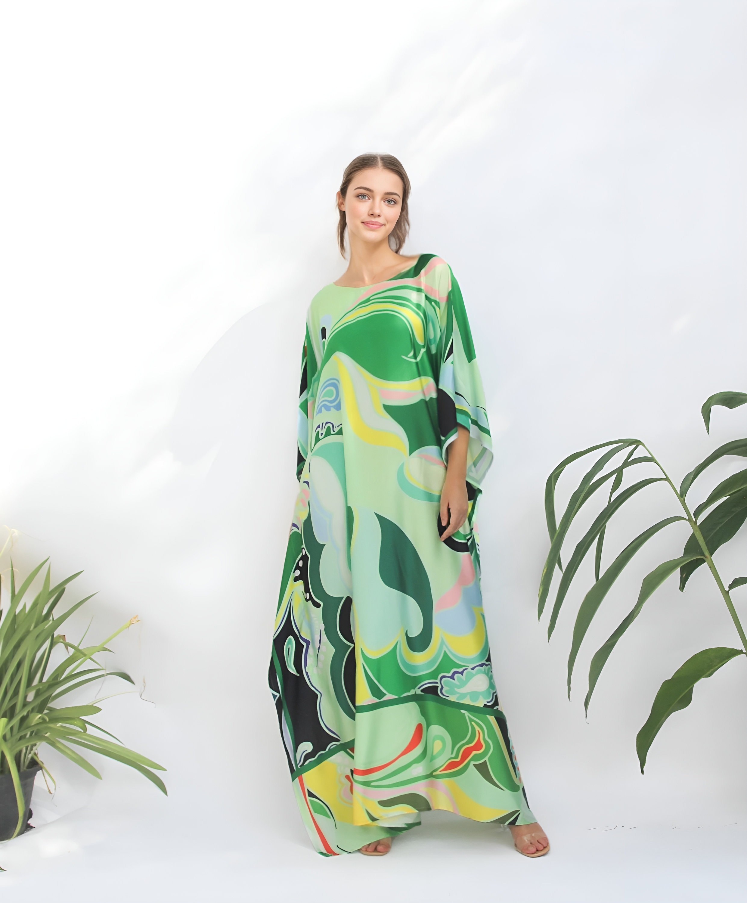 Grey Green Flower Short Sleeve Kaftan