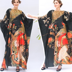 Peacock Caftan Silk Dressing Gown, Phoenix Kaftan Black Kaftan Wedding Dress, Gift for Mother Christmas, Comfortable Lounge Wear Kaftan 5XL
