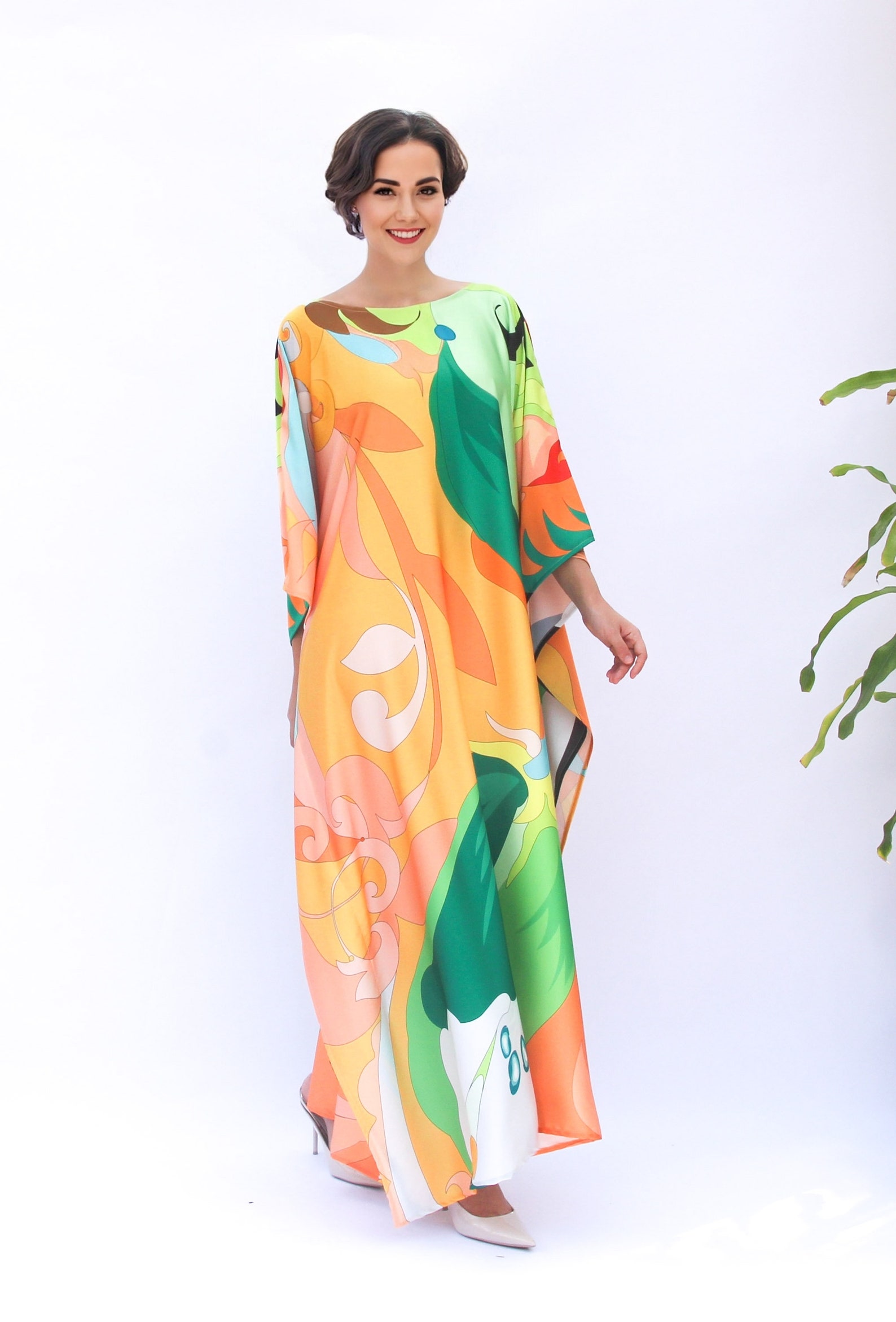 Yellow Green Ikat Long Sleeve Kaftan