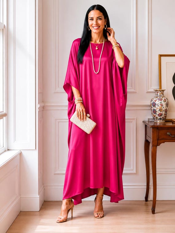 Pink kaftan silk dress, formal caftan evening party, guest gown wedding, luxury lounge wear, summer beach robe, one size fit all