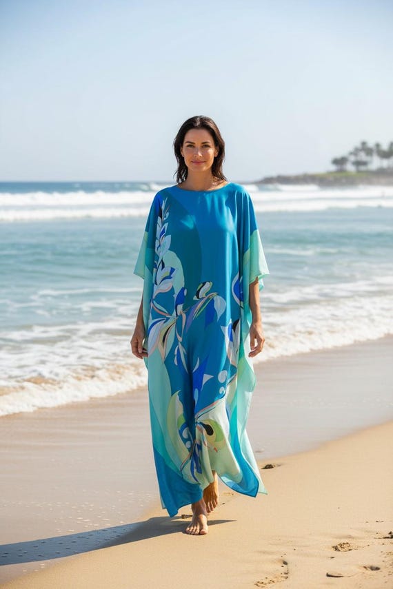 Silk Abstract Print Kaftan, Custom Length Resort Wear