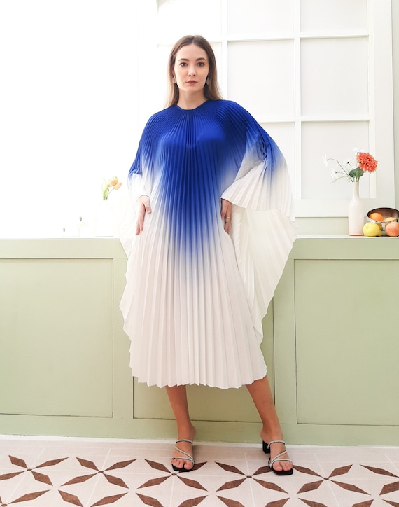 blue dress with gems Neapolitan Ombre One Shoulder Long Sleeve Pleated Dress – S&E Retail Expo main image 0