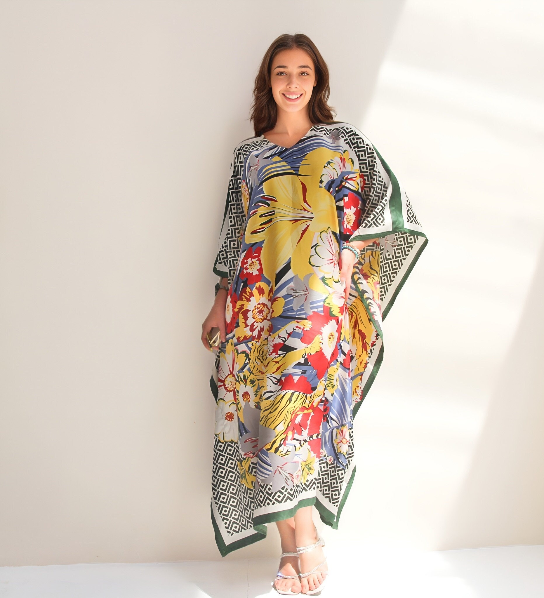 Floral Kaftan Luxury Silk Designer Gift for Mum, Christmas