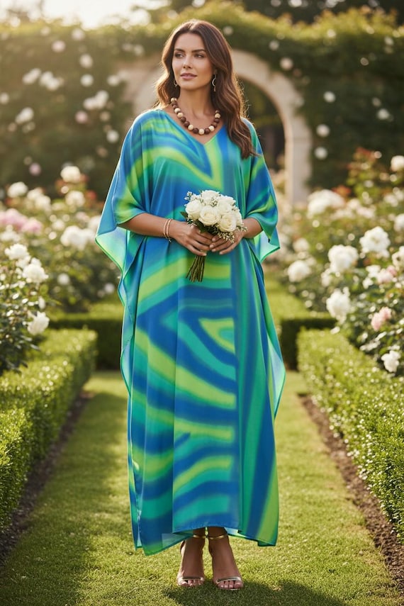 kaftan silk dress design Hand-Painted Silk Kaftan: Green Aurora Design, Plus Size Resort Wear Garden Wedding