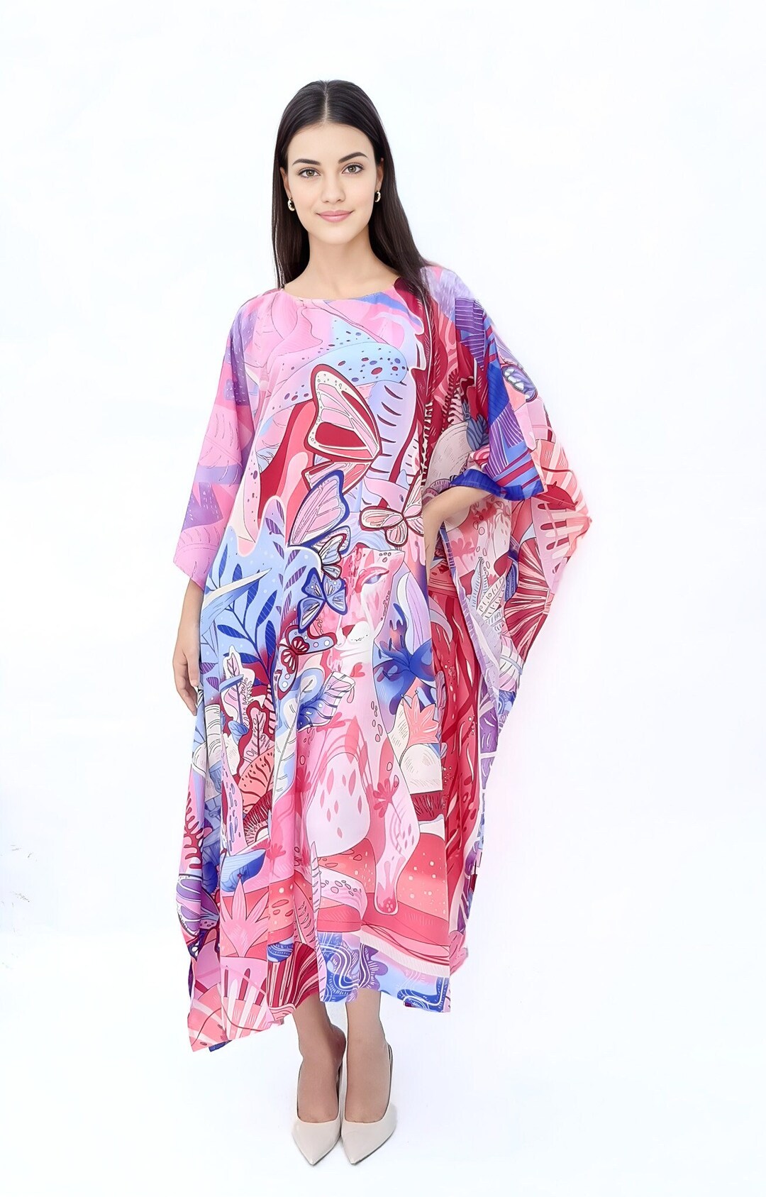 Pink Abstract High Collar Short Kaftan