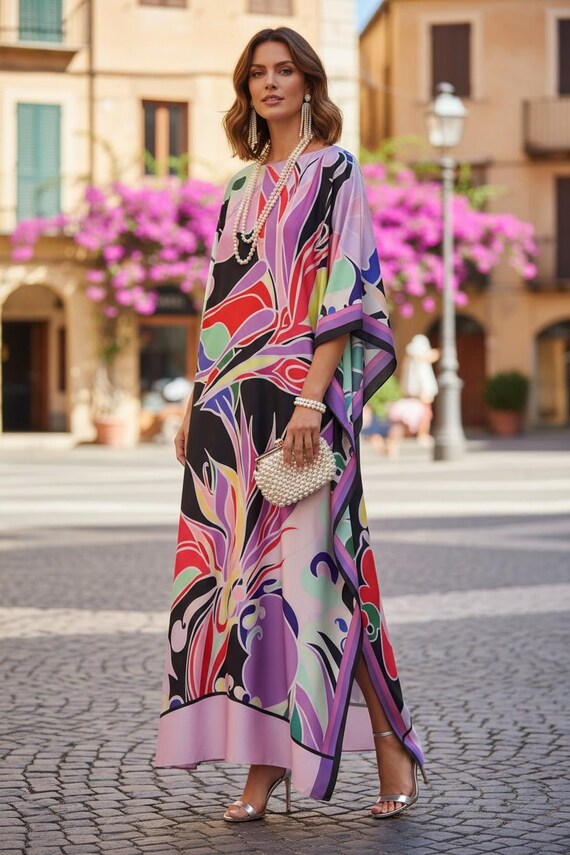 Bird of Paradise Kaftan Maxi Dress for Tall Women: Silk Blend Dressing Gown, Christmas Gift for Her