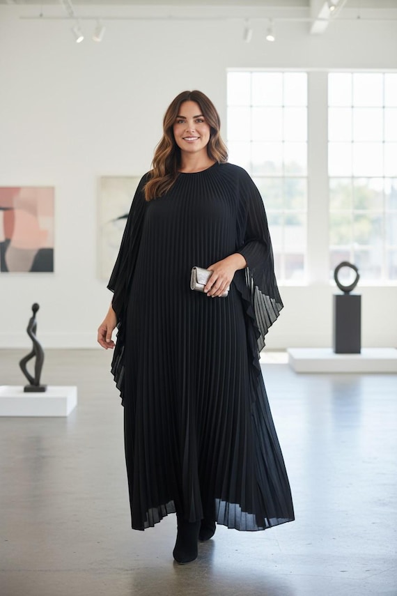 pleated kaftan Black dressing gown, party dress maxi length, pleated caftan Black cruise vacation dress long, Black kaftan gift for mother pleated kaftan Black dressing gown, party dress maxi length, pleated caftan Black cruise vacation dress long, Black kaftan gift for mother