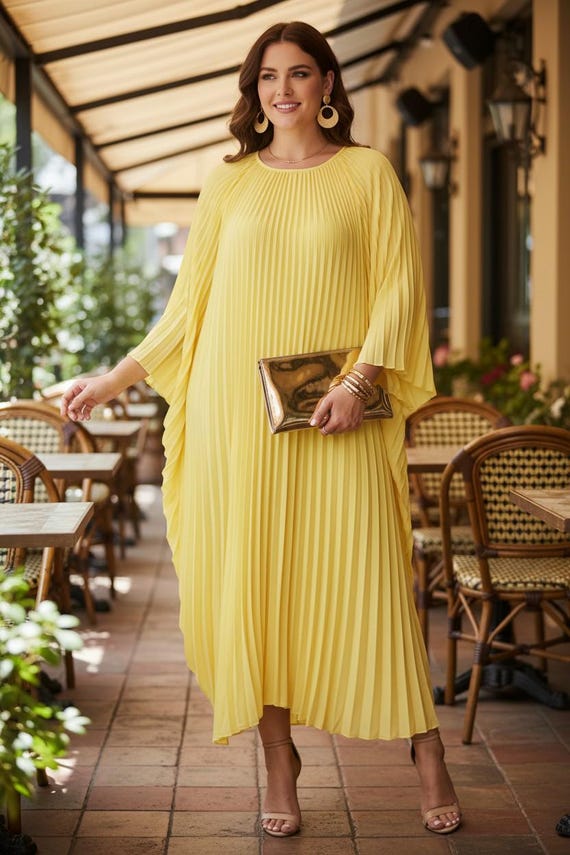 yellow dress for christmas party Kaftan : Gift Her, One Size Fit All, Pleated Fabric, Minimalist pale yellow dress