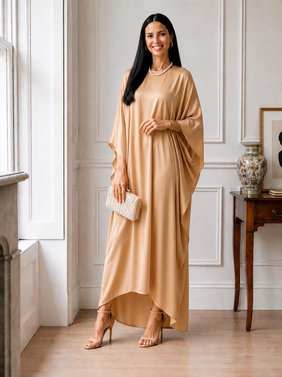 Silk Kaftan Maxi Dress Champagne, Elegant Caftan Lounge Wear, Plus Size Beach Robe, Minimalist Boho Wedding Guest Dress- 203