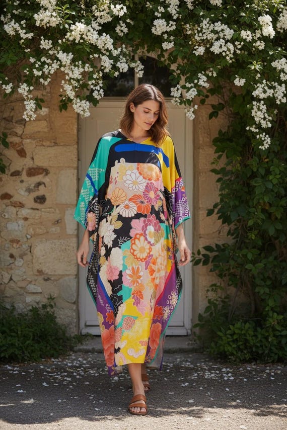 japanese print satin dress Mercatoo Girls Silky Satin Kimono Robe Japanese Traditional Dress Spa Robe  Long Kimono Sleeve Straight Floral Dress