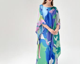 Blended Silk Kaftan Dress: Abstract Floral, Plus Size Resort Wear