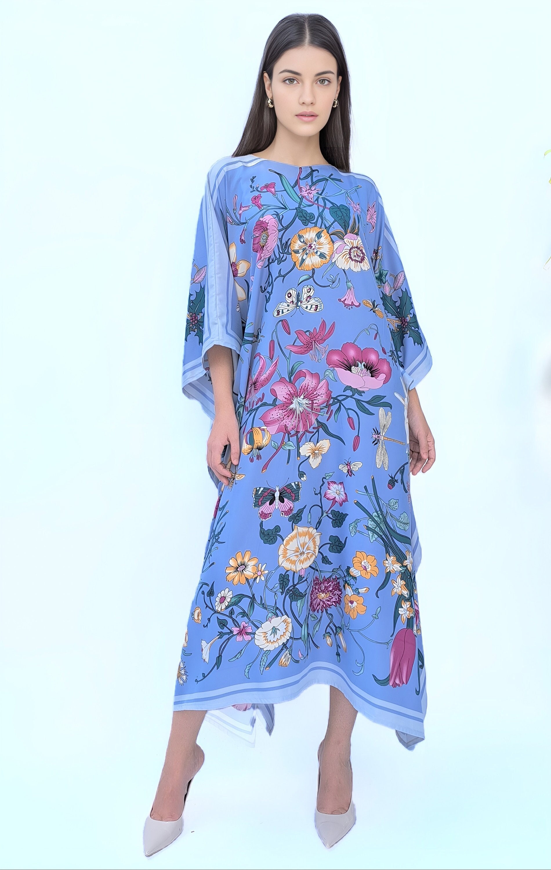 Blue kaftan silk twill, Tulip kaftan summer dress beach wear, Abaya kaftan Dubai trip cruise, Evening kaftan floral dress beach wear gift