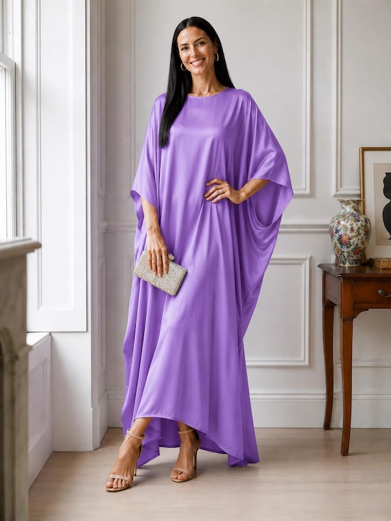 silk kaftan dress Luxury Purple for Women, Elegant Satin Maxi Caftan, Loose Flowing Gown, Modest Resort Wear, Wedding Guest Dress, Plus Size, 026 Coat Size:16 P westernwinter 46 Best Black white Pakistan ish more