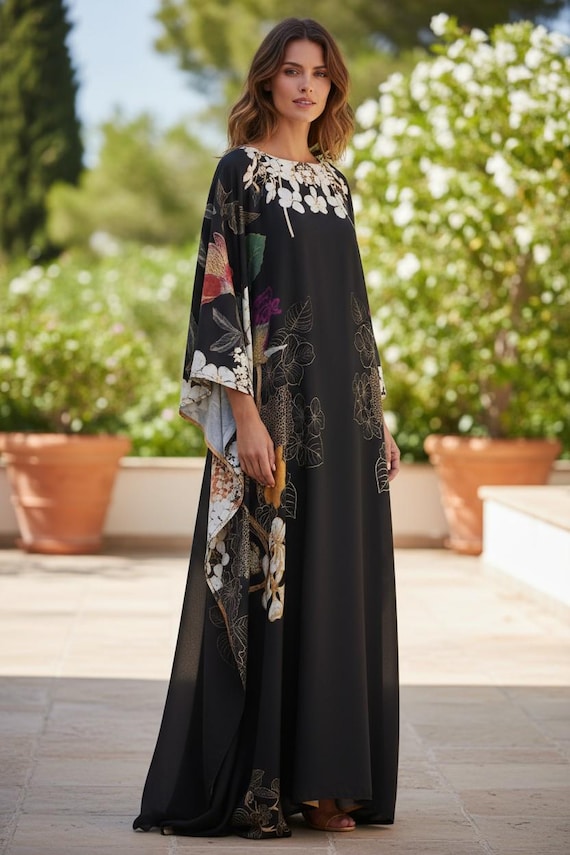 beach wear fancy dress Floral Kaftan Fancy Dress Beach Wedding Gown, Cruise Kaftan Resort Wear,  Full Length Kaftan Custom Made Kaftan Gift for Mum, Holiday Gown