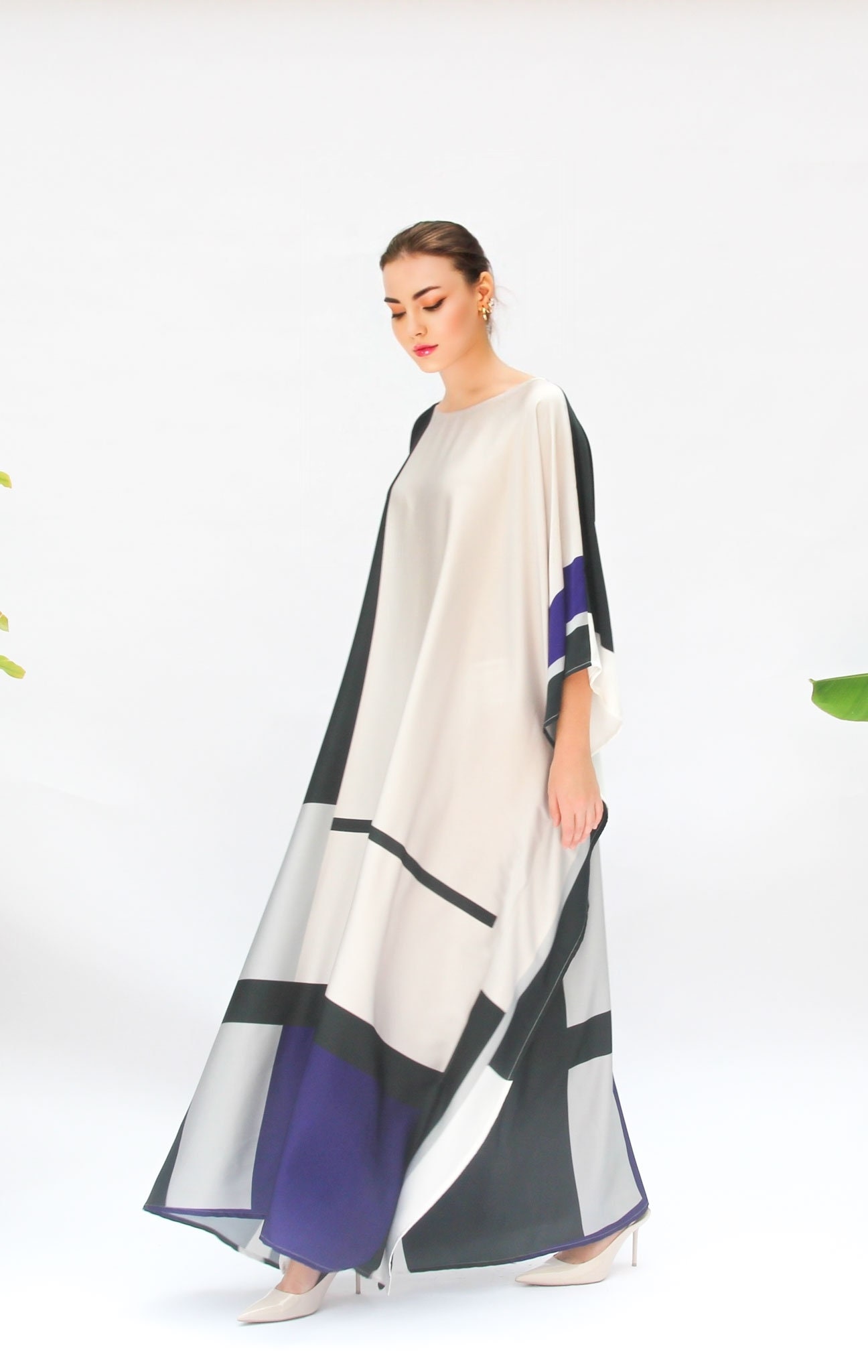 BLUE ABSTRACT BLOCK PRINT KAFTAN DRESS