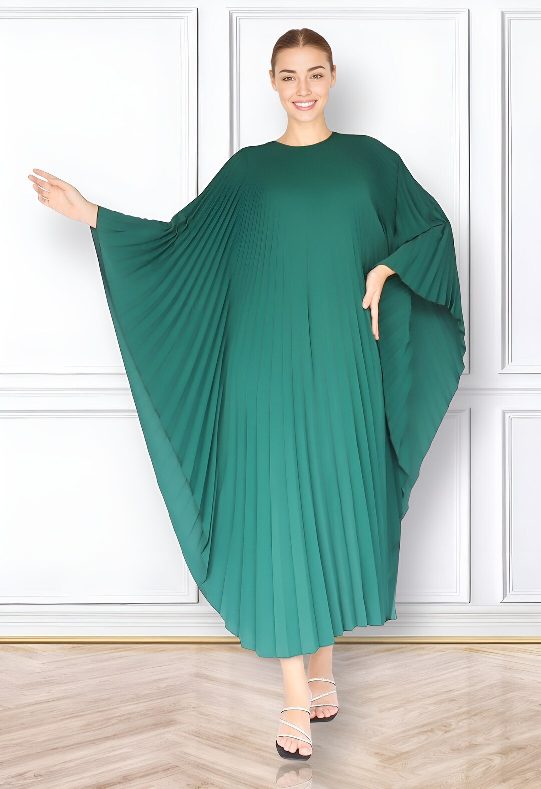 Robe de soirée plissée caftan vert citron, élégant tissu plissé