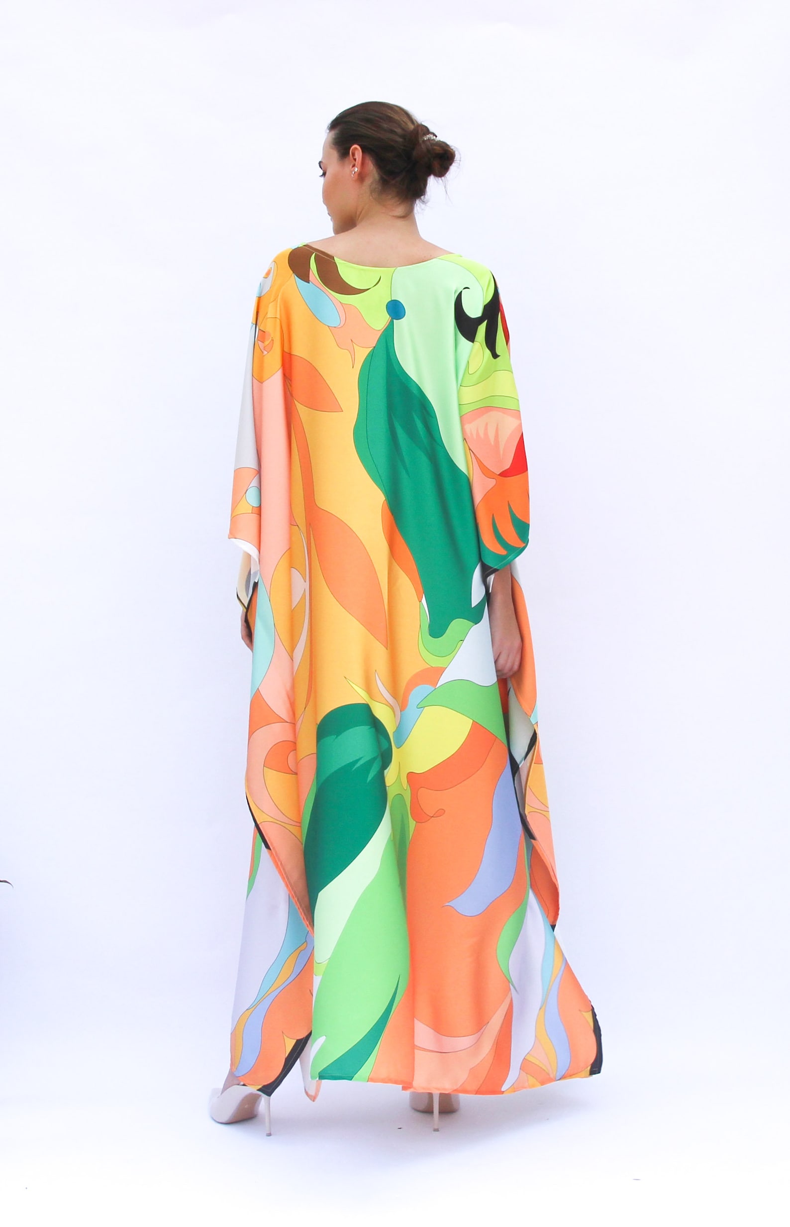 Yellow Abstract High Collar Long Kaftan