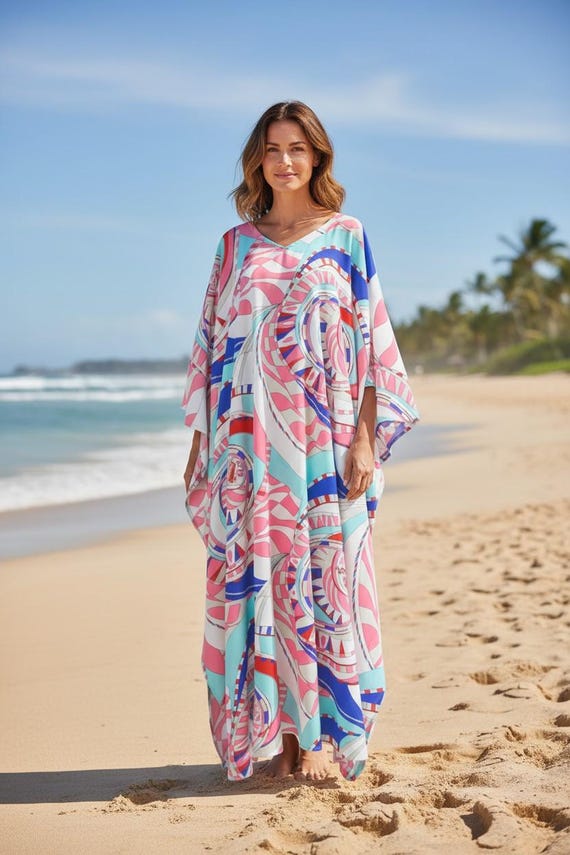 Resort Kaftan Summer Dressing Gown, Long Length Caftan Boho Chic, Miami, Pink, Beach