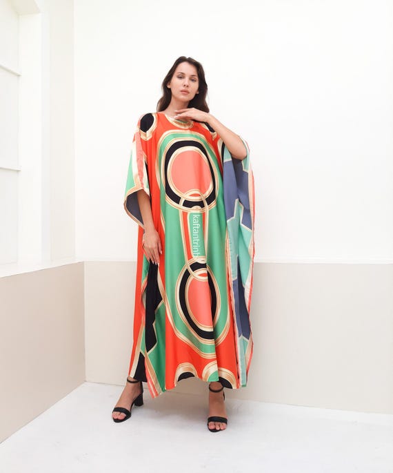 Summer kaftan green, Fun caftan resort wear, Cruise kaftan beach wear, Blended silk kaftan dressing gown Gift for her, Custom length robe