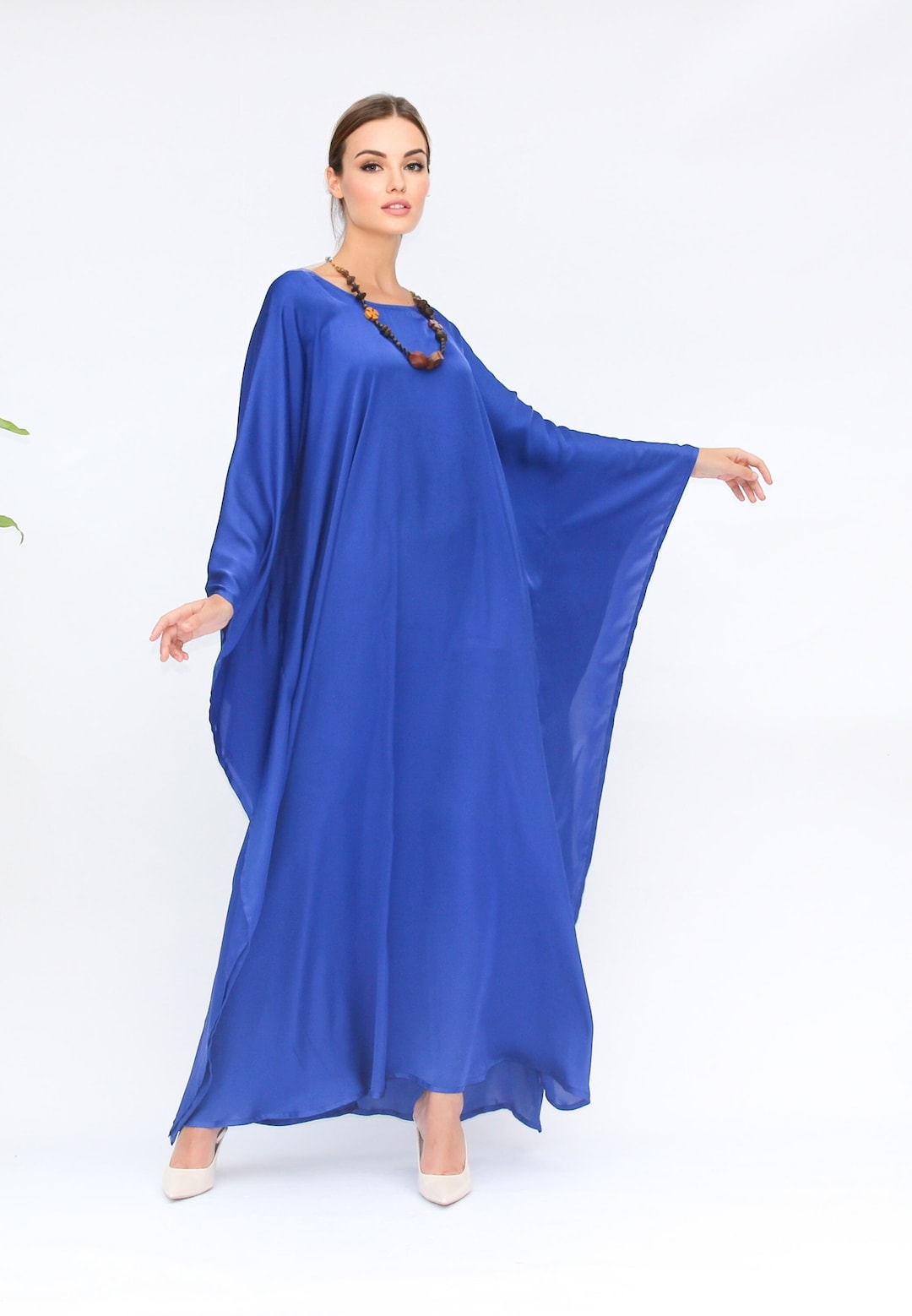Harmony Bird Print Long Kaftan Dress With Side Slits - Blue & Multicolor Beach Cover Up main image 1