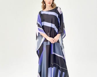 Vestido caftán de seda de talla grande: estampado abstracto morado, largo a medida