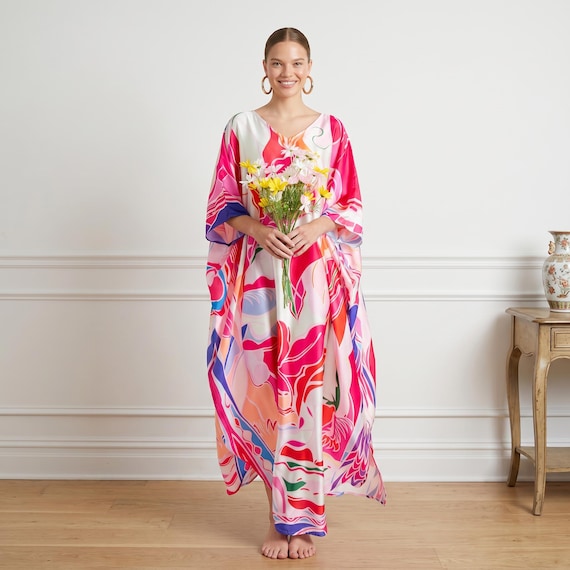 pink kaftan beach dress summer dress, wedding kaftan for guest, blend silk kaftan resort lounge wear, gift for her trendy modern kaftan dress