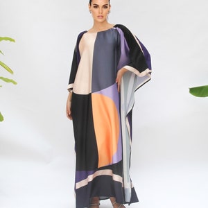 Navy Blue Metallic Pumpkin Silk Kaftan - Plus Size Resort Coverup main image 1