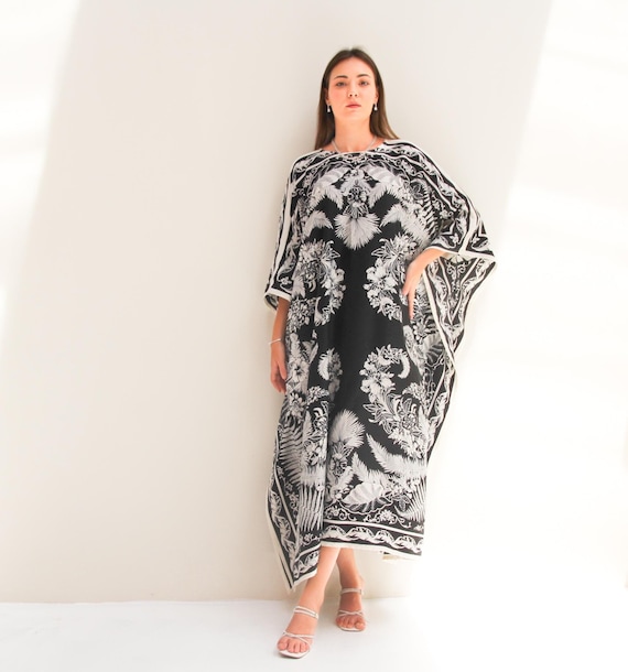 Black Kaftan Fern Print, Twill Silk Kaftan Dressing Gown, One Size Fit All, Silk Caftan for Women, Cruise Dress Dubai Holiday, Resort Kaftan