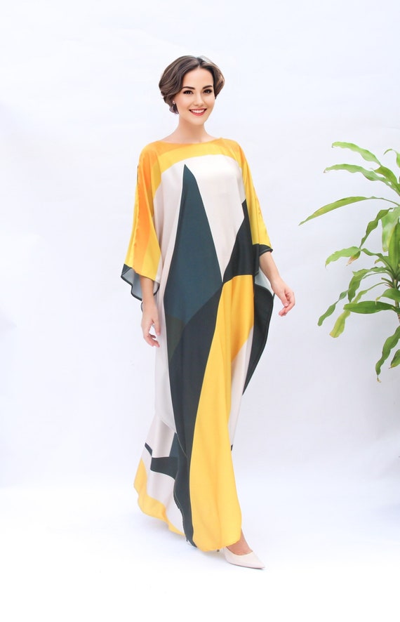 luxury caftan dress Black & Gold Pure Silk Twill Kaftan Dress