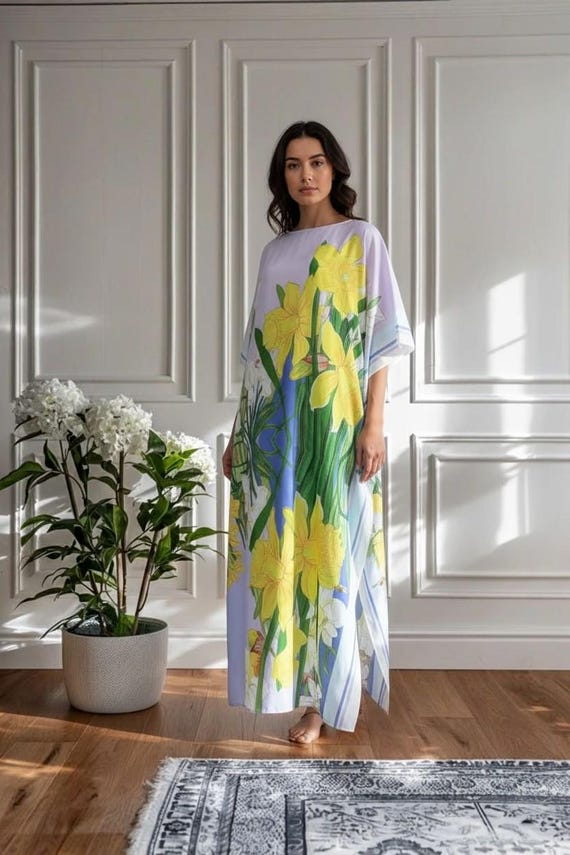 holiday kaftan dresses Floral Kaftan Dress for Women, Boho Beach Cover Up, Cotton Maxi Caftan, Loose Fit Summer Dress, Resort Wear, Vacation Outfit