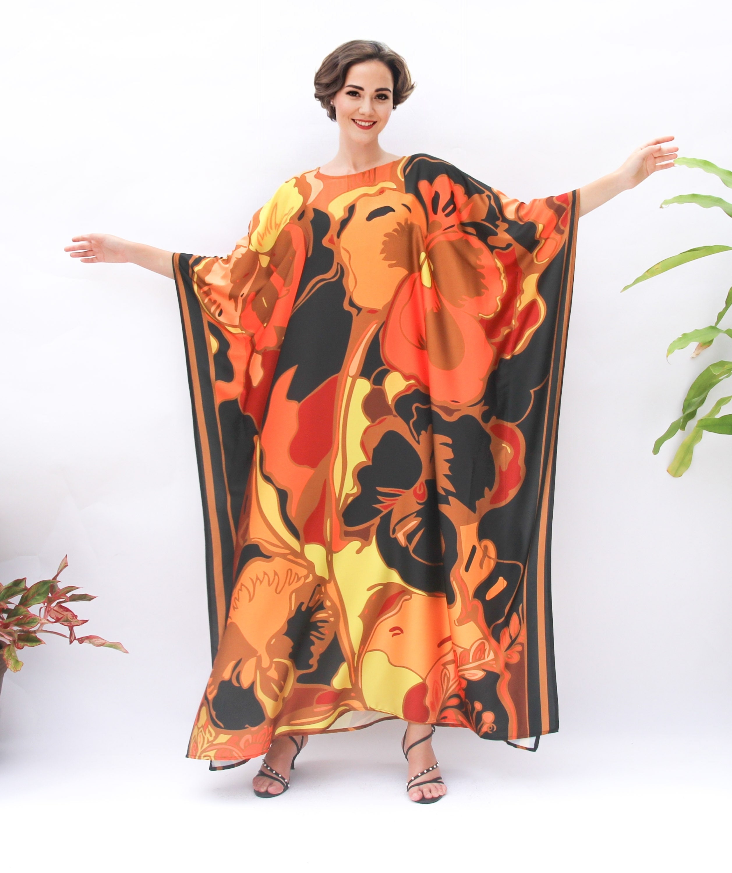 Orange Kaftan Brown Peony Floral Print, Plus Size Kaftan Summer, Blended Silk Kaftan Resort Wear
