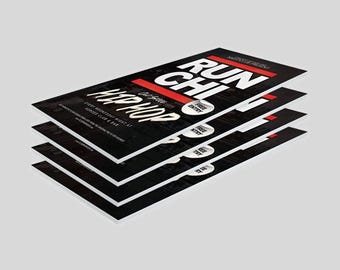 May include: A stack of black and white event flyers. The flyers feature the words "RUN CHI" in large white letters, with "HIP HOP" in a stylized font. The flyers also include the text "FREE ENTRY".