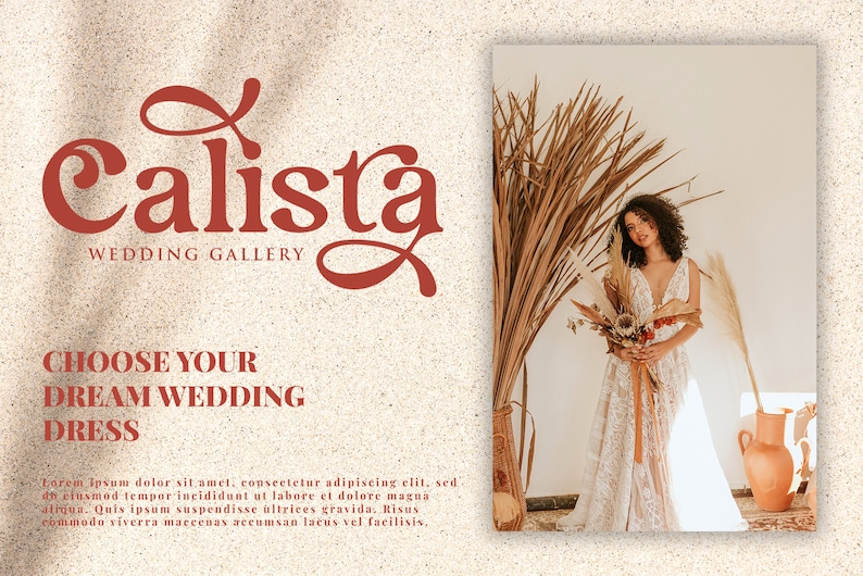 Op de afbeelding: De afbeelding toont de tekst "Calista Wedding Gallery" en "Choose Your Dream Wedding Dress" in roodbruine letters. Een vrouw in een witte trouwjurk houdt een boeket gedroogde bloemen vast. De achtergrond is neutraal beige.